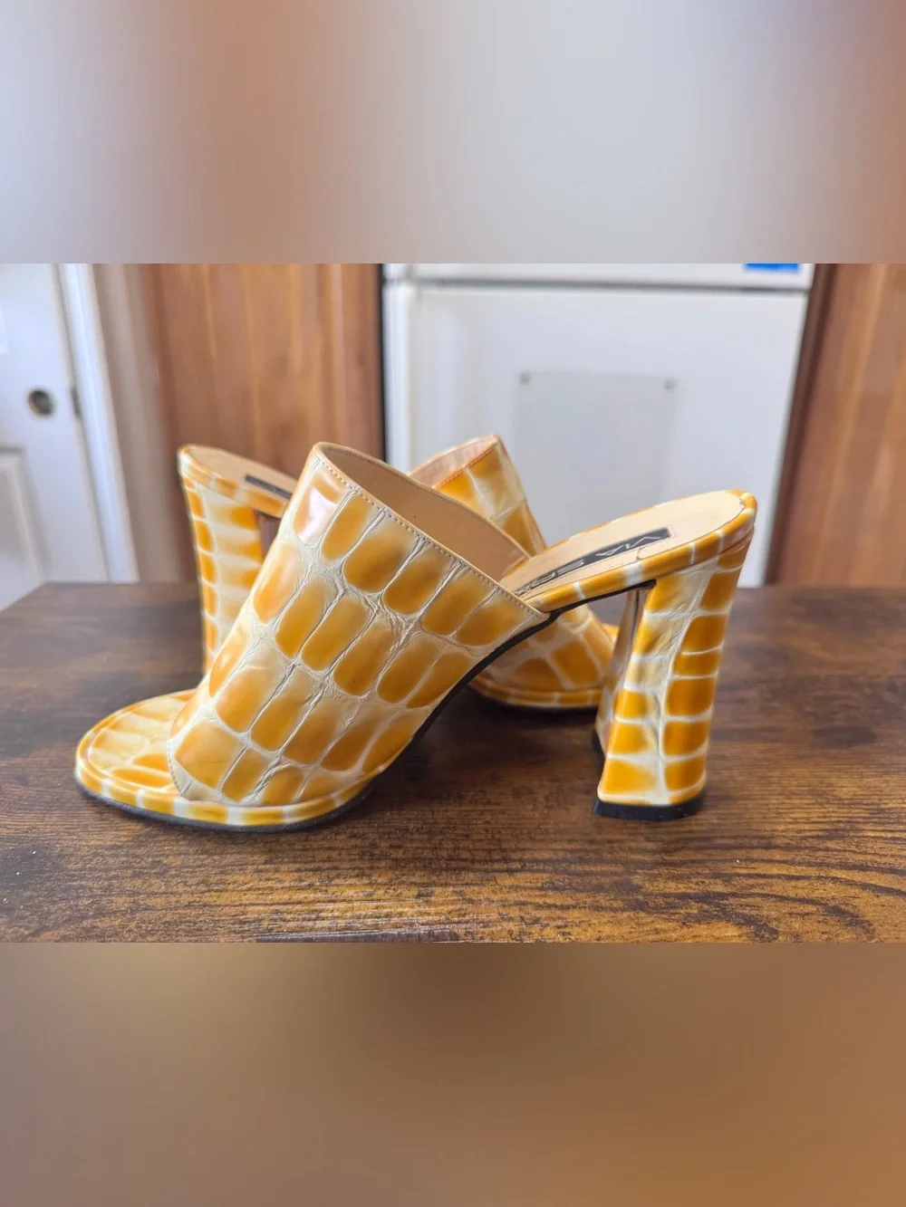 Via Spiga Italy Yellow Croc Embossed Leather Mules Chunky Block Heel Sandals 7 - Picture 7 of 12